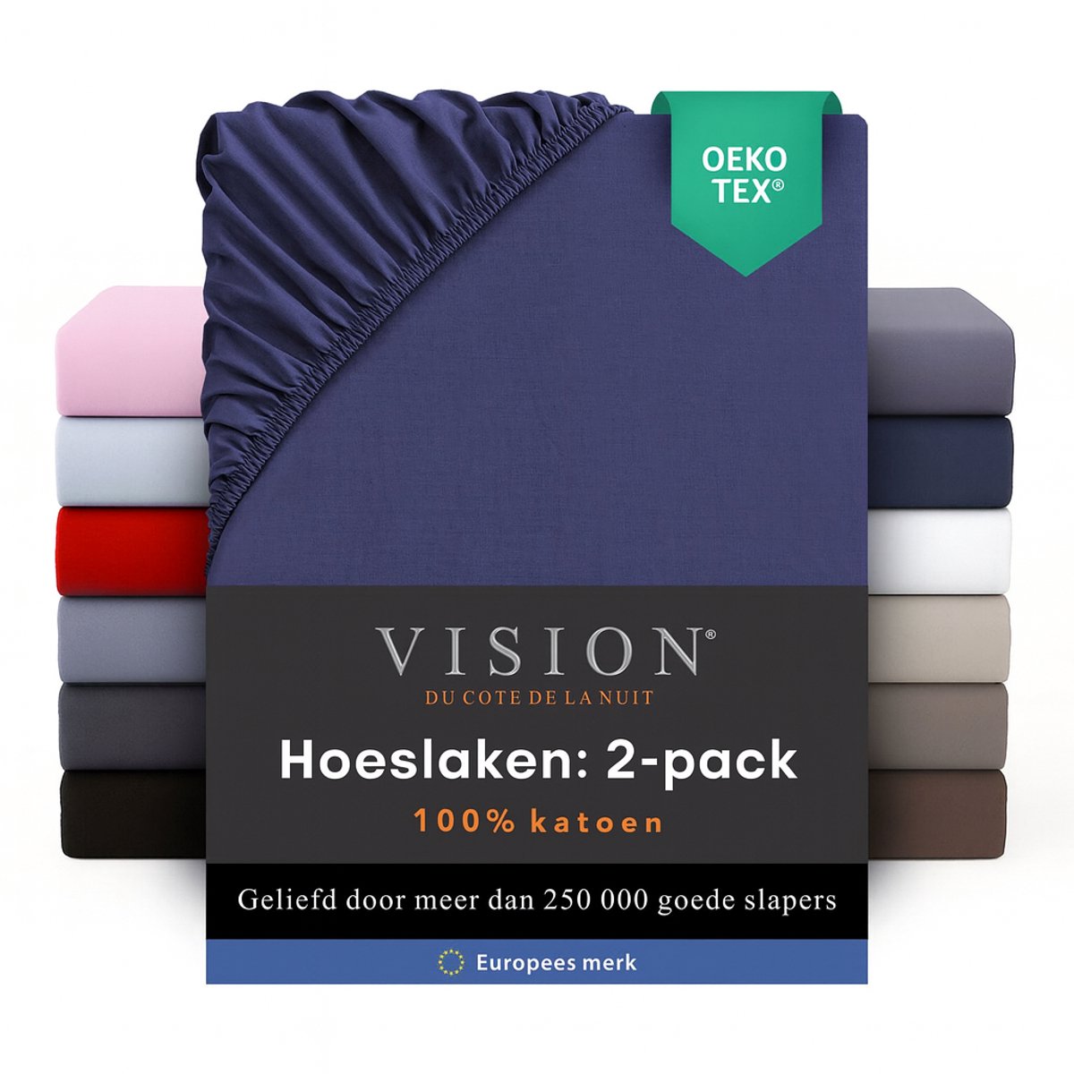 Vision - Hoeslaken - 100% katoen - 90 x 200cm verpakt per 2 stuks - Geschikt voor boxspring matras: ruime hoek van 30cm - Marineblauw - Oekotex gecertificeerd