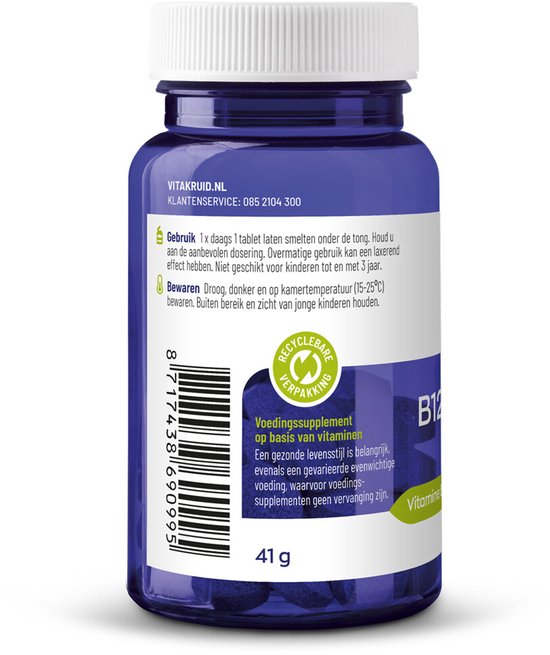 Blauwe pot met witte dop, met Vitakruid B12 Combi 6000 etiket. 41g.