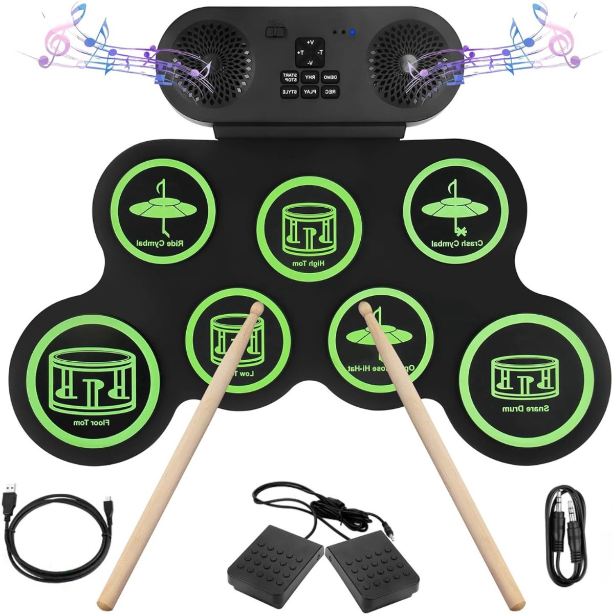 VIN® Elektrisch Drumstel met Drumstokken - Drumstel voor Kinderen of Volwassenen - Drumstel Elektronisch – Met 7 Digitale Drumpad - Met 2 Pedalen - Met Geïntegreerde Luidsprekers – Zwart