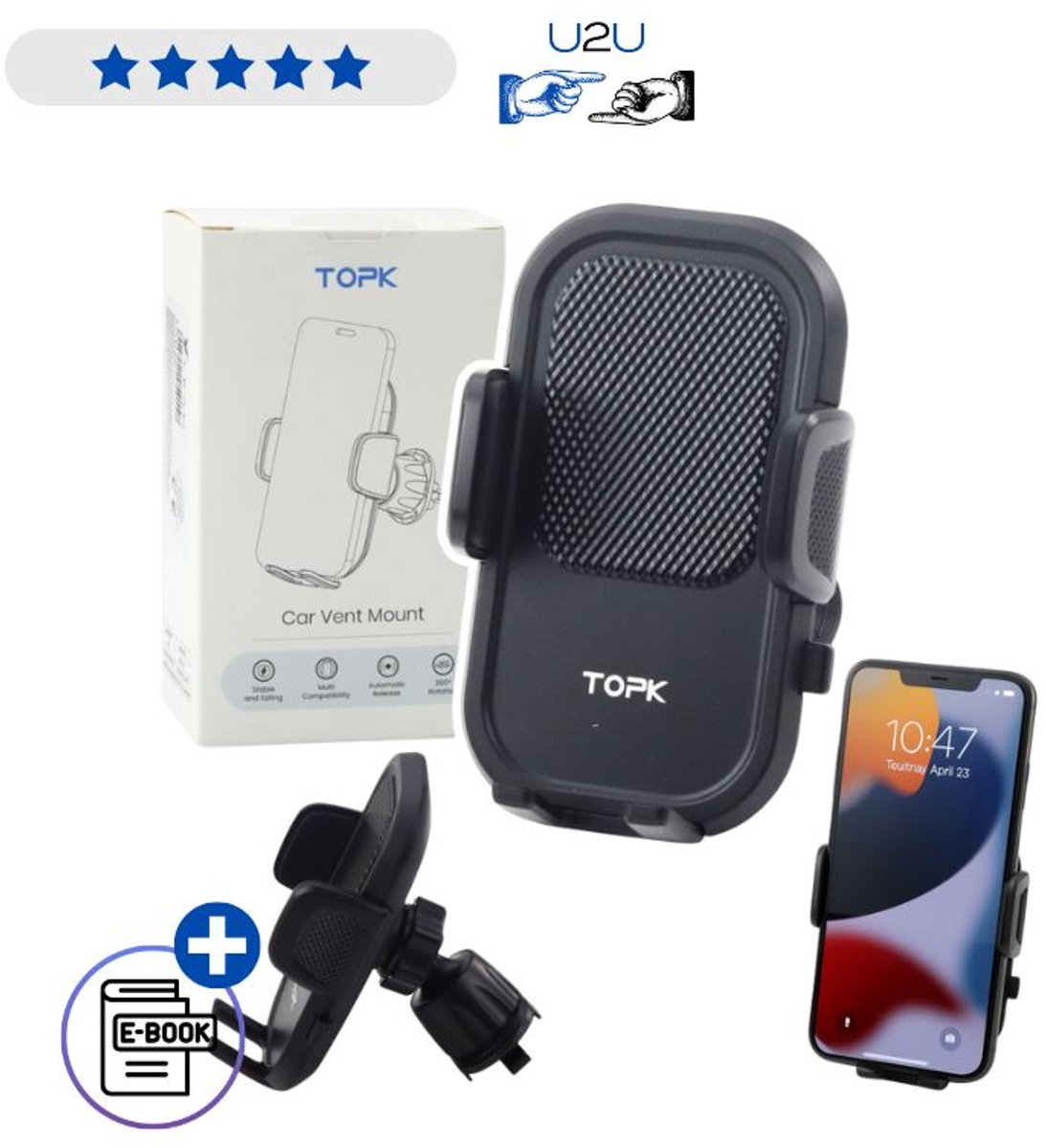 TOPK autohouder telefoon luchtrooster met verstelbare armen universele smartphone houder voor auto eenhands bediening antislip klem compact stabiel geschikt voor alle smartphones veilig navigeren handsfree bellen tijdens autorijden Met Ebook