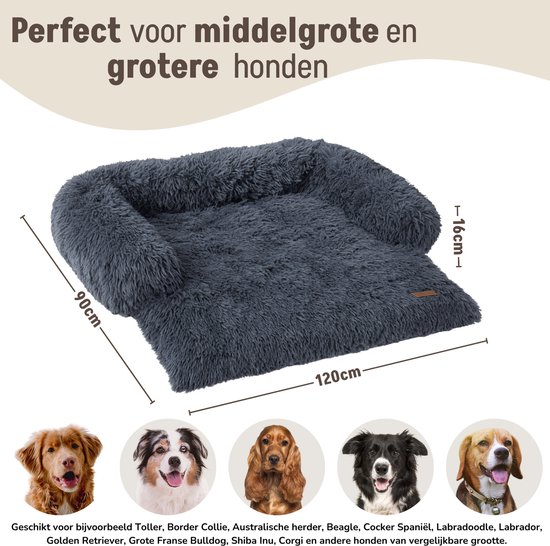 Afmetingen van een donkergrijs, fluffy hondenkleed: 120cm x 90cm, hoogte 16cm. Geschikt voor middelgrote en grotere honden.