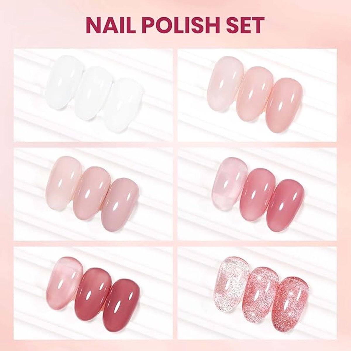 6-delige set, sneldrogend, transparant, normale nagellak met glitter