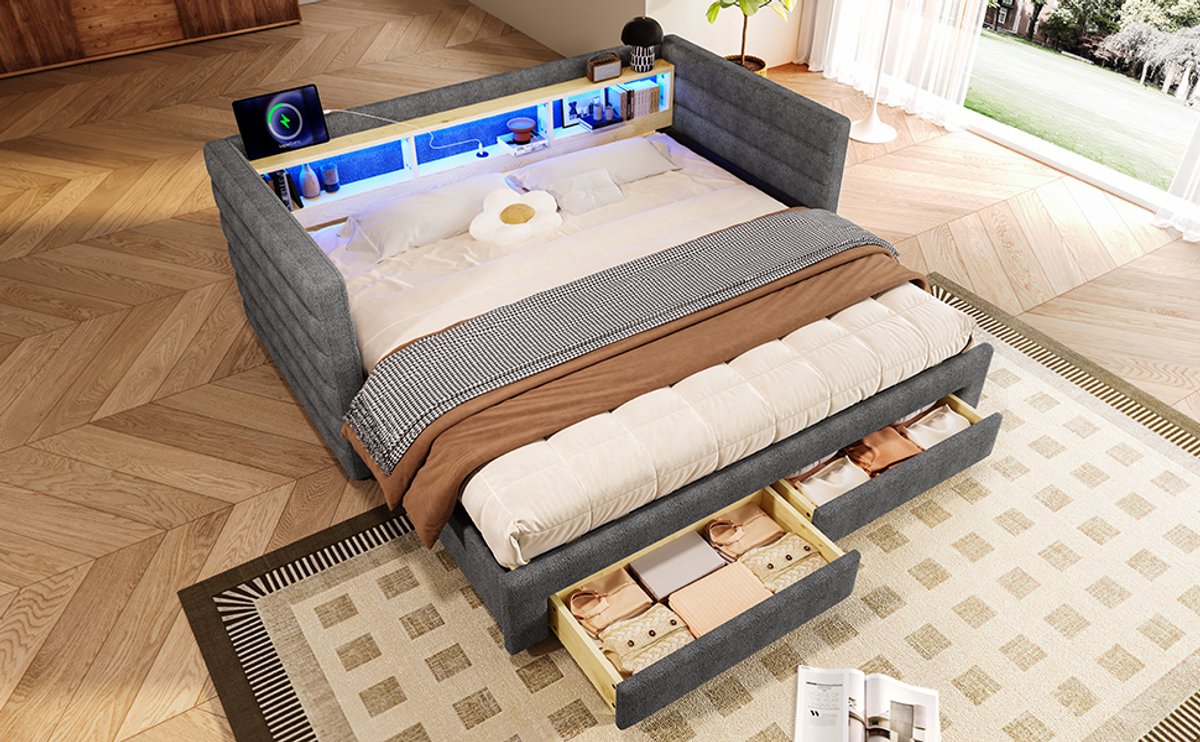 Wishdor Bedbank met Uitschuifbed - 90 x 190 cm - Led-Lichtstrip - Usb en Type-C - Fluweel Grijs - Met Opberglades en Vakken - Ruimtebesparend voor Woonkamer of Logeerkamer - Stevig tot 150 kg