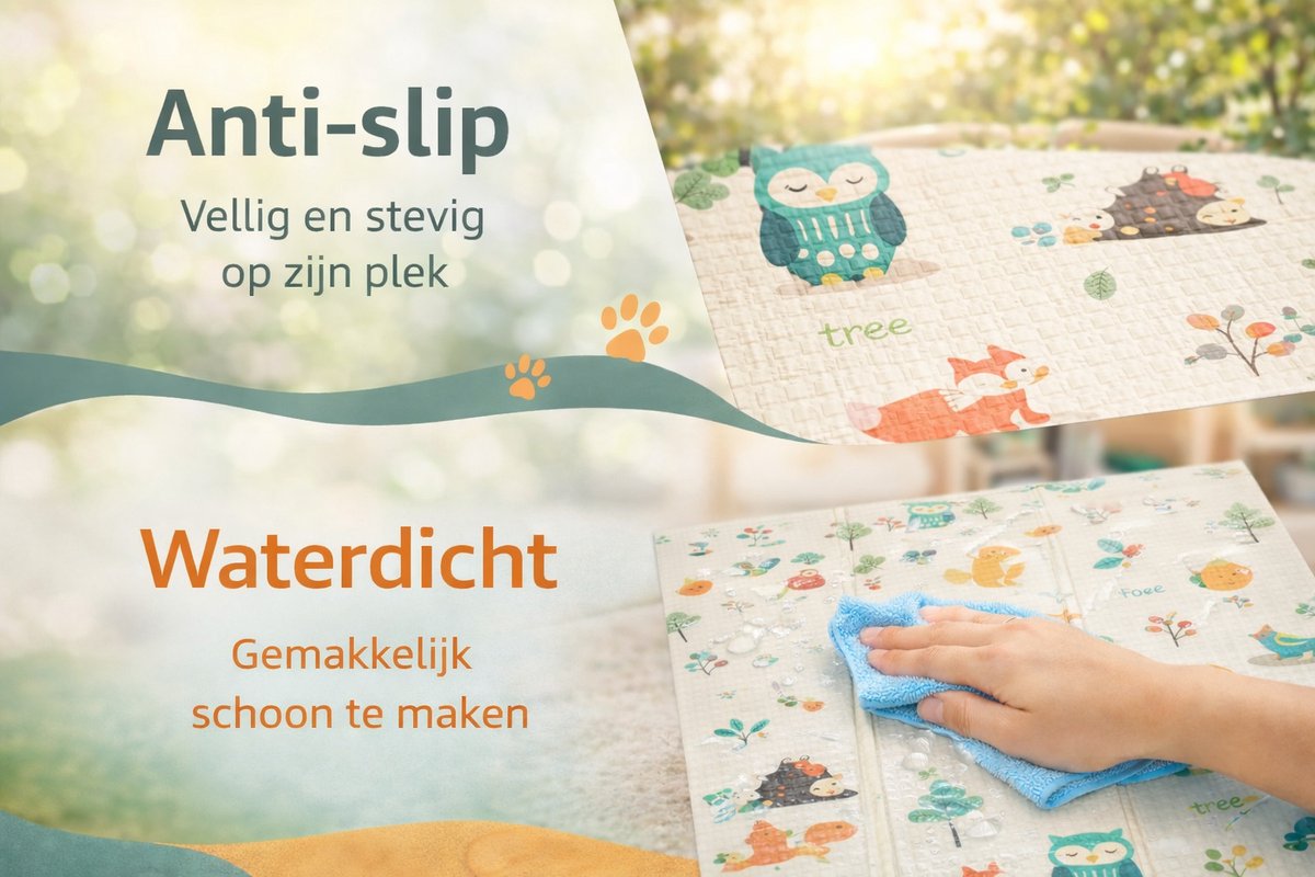 Speelmat Baby, Peuter & Kind 150x200 cm – Extra Dik Speelkleed – Voor Binnen & Buiten – Foam Kruipmat – Dubbelzijdig Opvouwbaar – Inclusief Opbergtas – Zacht & Veilig speelmat dieren & boom thumbnail 4