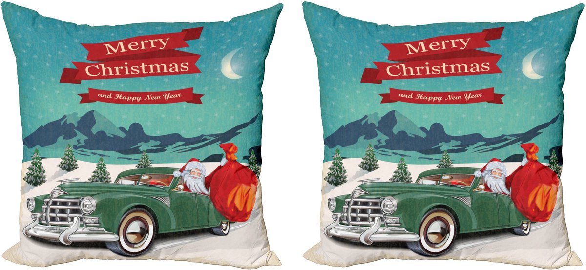 ABAKUHAUS Kerstkussenhoez set van 2, Sint in de klassieke auto, 40x40 cm, turquoise rood