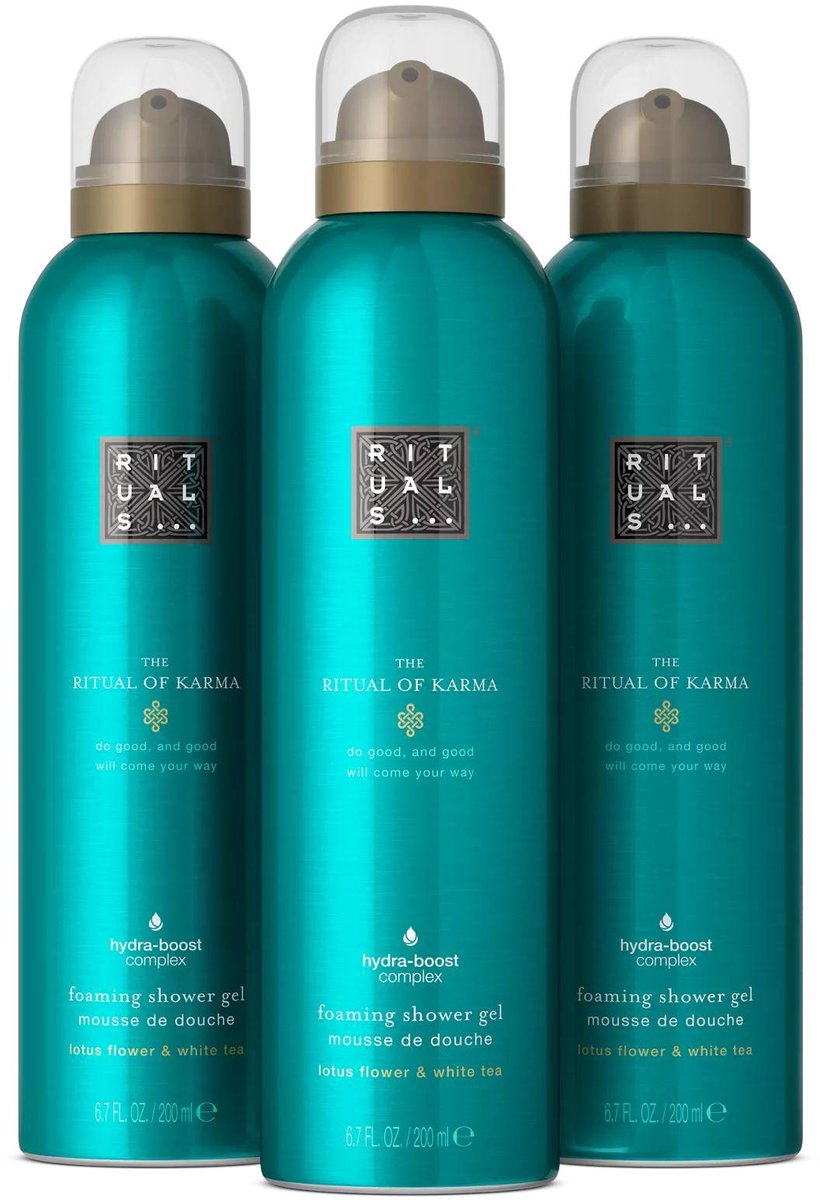 Rituals - Doucheschuim - 3x 200 ml - Ritual of Karma - Lotusbloem Witte Thee - Foaming Shower Gel - Douchegel - Badschuim - Douchefoam - Shower Foam - Douche Foam - 3 Producten - Geschenkset Vrouwen - Dames - Vrouw