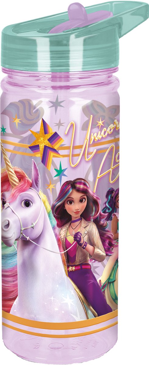Unicorn Academy Tritan Drinkfles - 580 ml – Vaatwasserbestendig & BPA-vrij - Drinkfles voor kinderen – Transparant roze/Groen