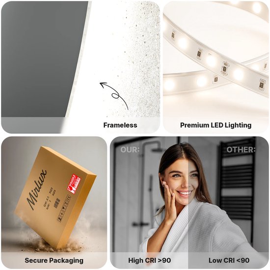 Mirlux Miroir de Salle de Bain avec Siècle des Lumières LED et Chauffage - Miroir Mural Rond - Miroir de Douche Anti Condensation - 80CM