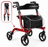 Rode Medzone rollator met vier wielen, een zitje en een boodschappentas. Een ingeklapte versie is links te zien.
