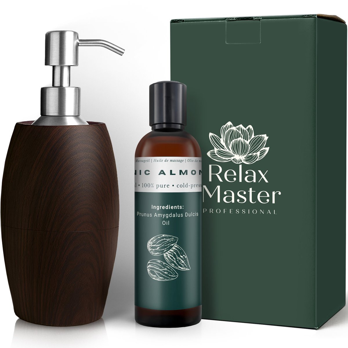 Relax Master Massage Olie Verwarmer Flaming Hout-Look - met Aluminium dispenser & 250ml biologische amandelolie - Guasha - Massage apparaat