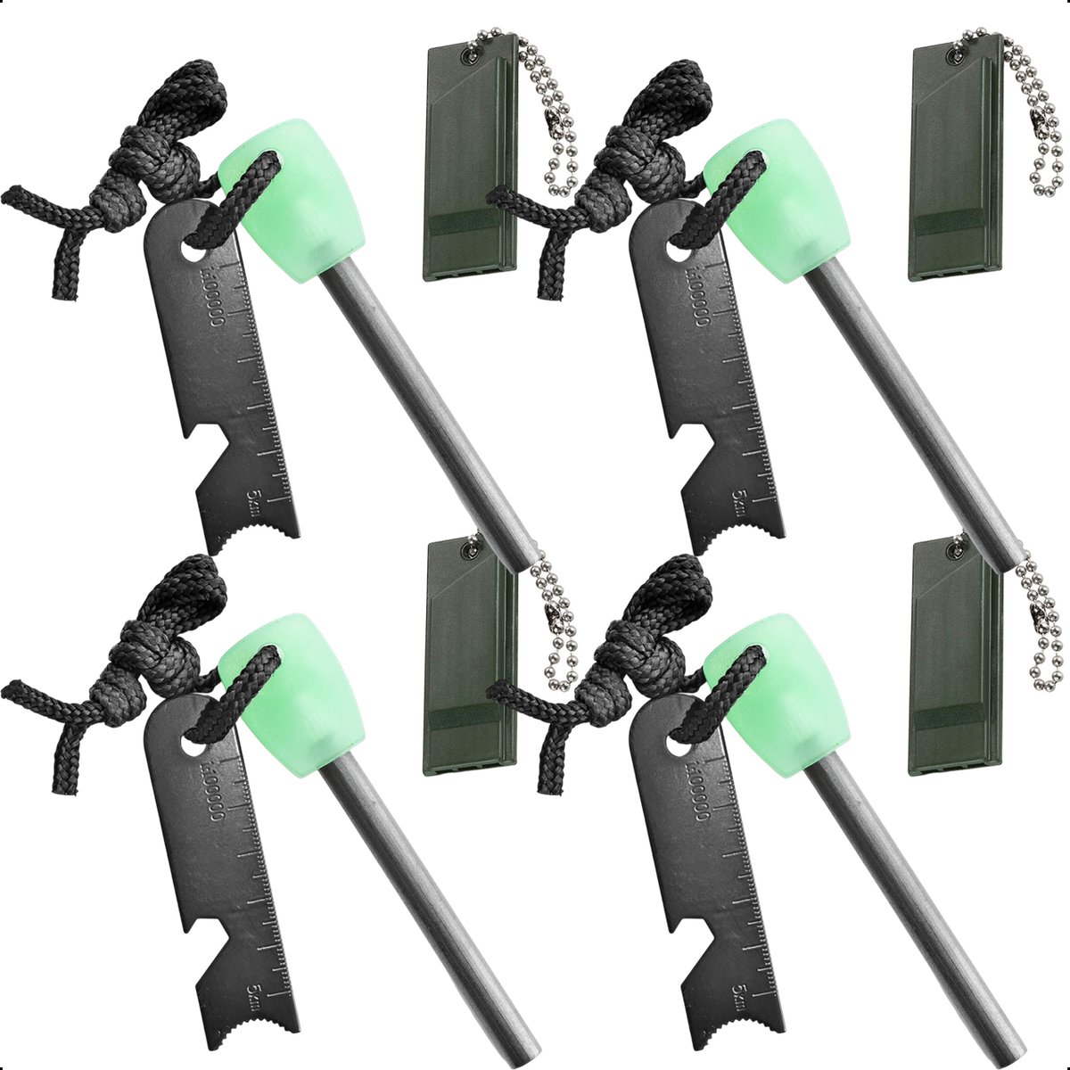 Ever Trex Magnesium Vuurstarter Met Noodfluitje - Glow In The Dark Groen - Vuursteen En Strijker - Survival Kit - Noodpakket - 4-Pack