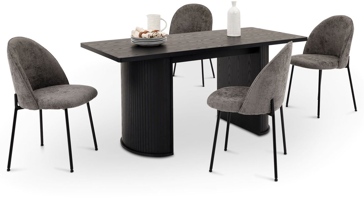GUARDA eetset met 4 stoelen en tafel 160x75 cm, zwart/grijs - moderne eettafel met afgeronde hoeken en 4 gestoffeerde stoelen voor eetkamer of keuken