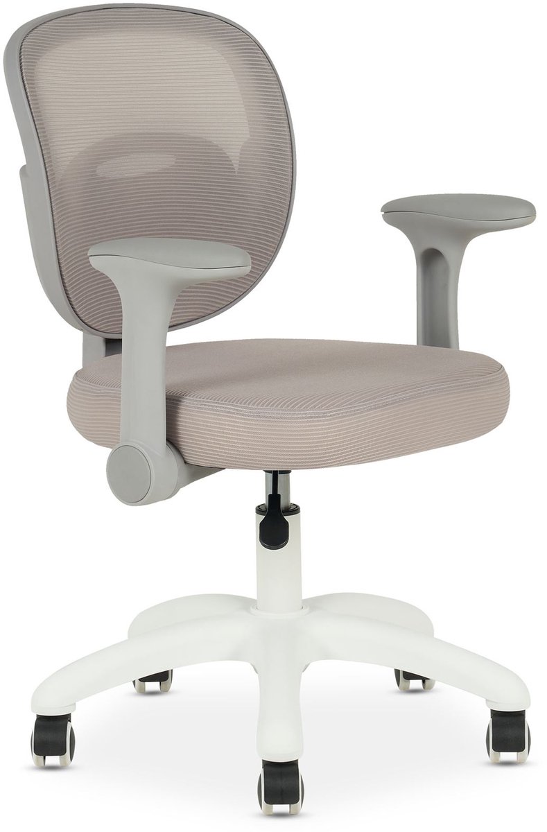 Kinderbureaustoel AMELIA in hoogte verstelbaar met armleuningen in grijs & beige. Ergonomische kinderbureaustoel met netrugleuning & wit onderstel met 5 wielen - hoofdafbeelding