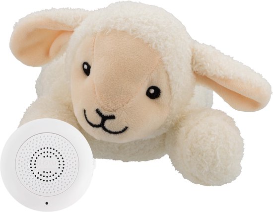 Witte schaapknuffel met zachte vacht, beige gezicht en een wit geluidsapparaatje ernaast.