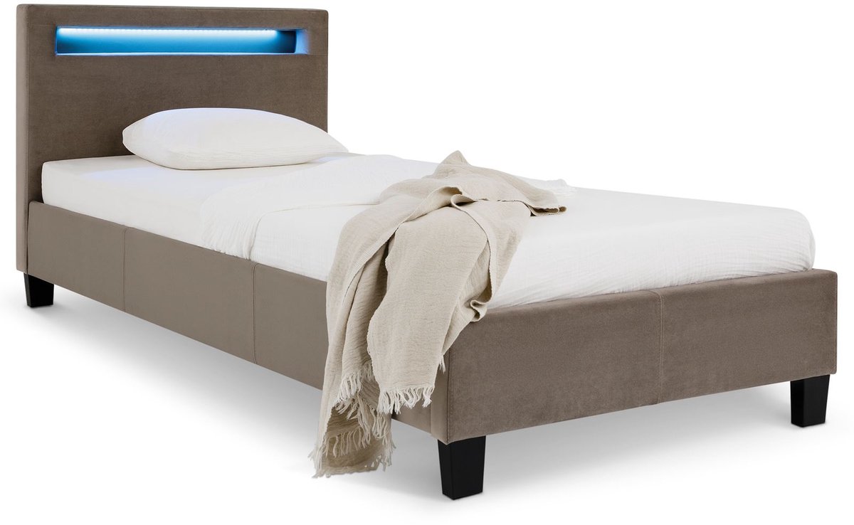 IDIMEX Gestoffeerd bed BAGO 90 x 200 cm met led-verlichting – greige bruin