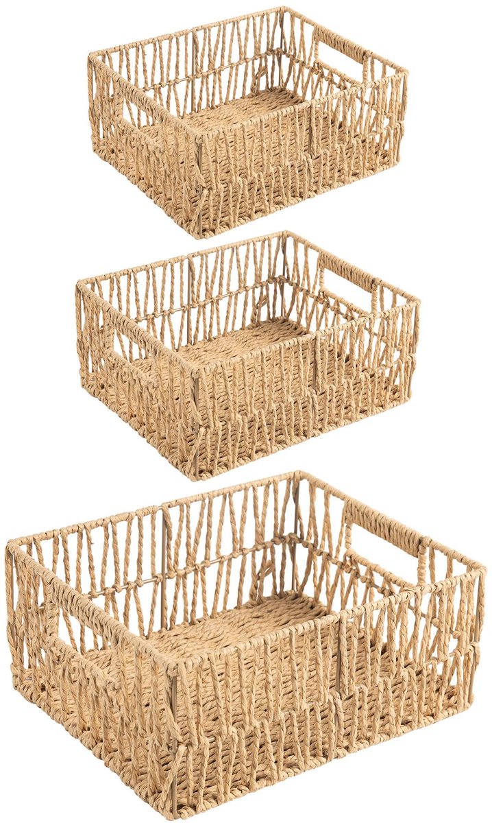 Opbergmand ENIN set van 3 naturel - grof geweven van papierdraad - rechthoekig stapelbaar praktisch decoratief natuurlijke materialen handvaten - grote afbeelding