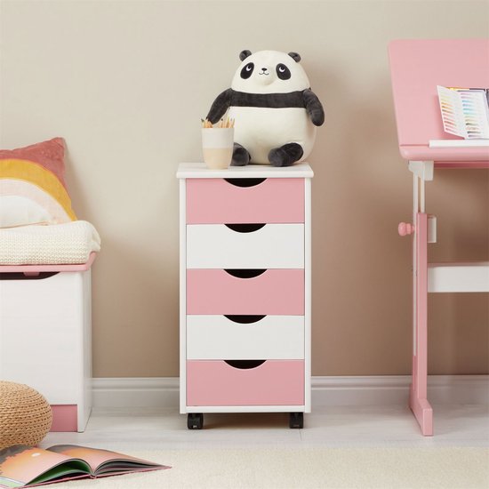 Caisson de bureau Lagos en pin massif laqué blanc/rose, 5 tiroirs, 4 roulettes doubles