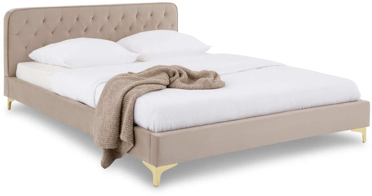 Gestoffeerd bed GLAMOUR, 149 x 208 cm, beige - elegant bed met doorgestikt patroon, fluwelen bekleding, goudkleurige metalen poten, voor een stijlvolle ambiance in de slaapkamer