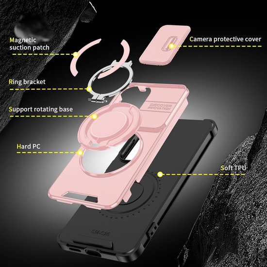 Gedemonteerde roze telefoonhoes met ringstandaard, zachte TPU en harde PC lagen.