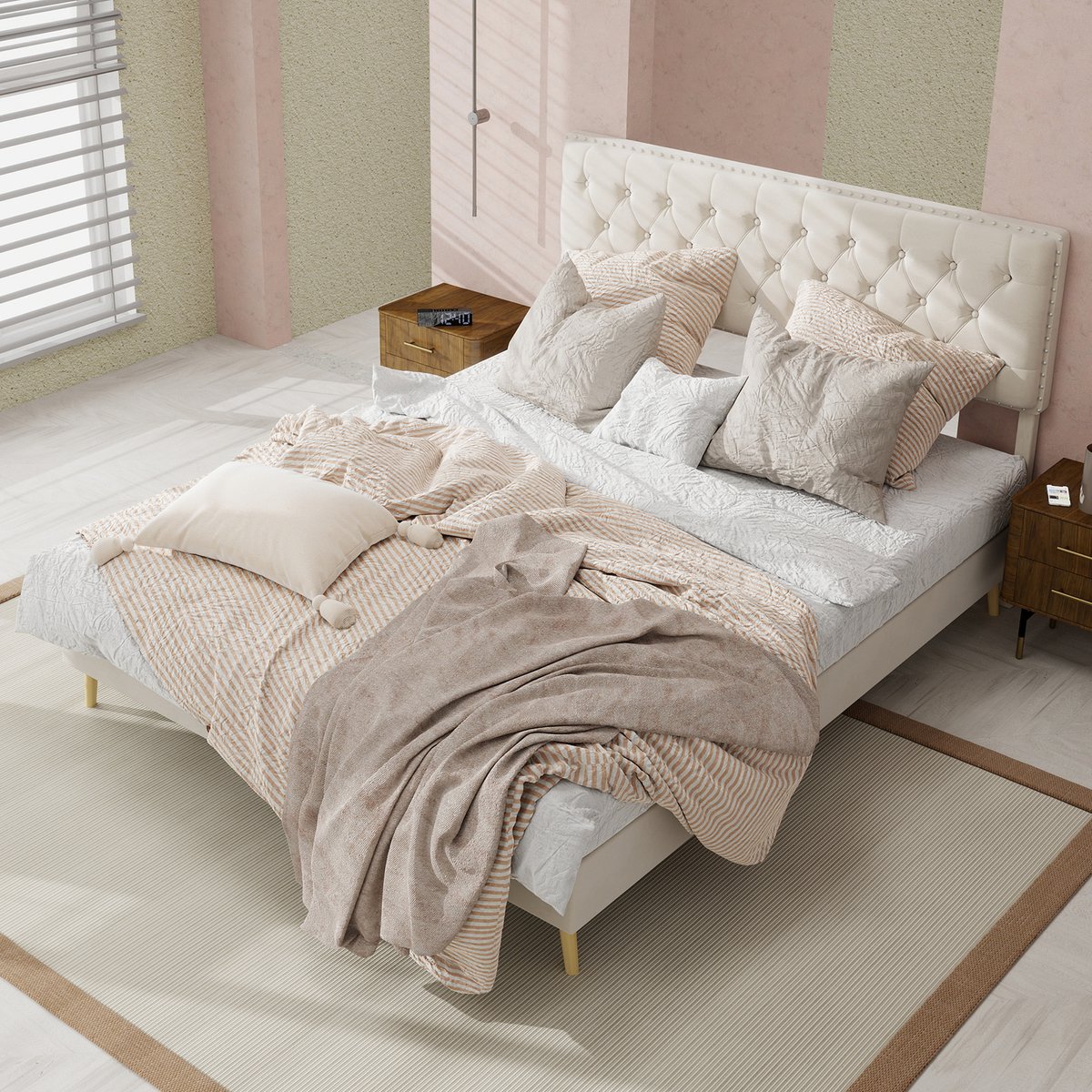 STILVORA Gestoffeerd Bed 140x200 Cm – Zacht Hoog Hoofdbord Met Siernagels – Stevig Lattenbodemframe – Opbergruimte Onder Bed – Zonder Matras – Beige