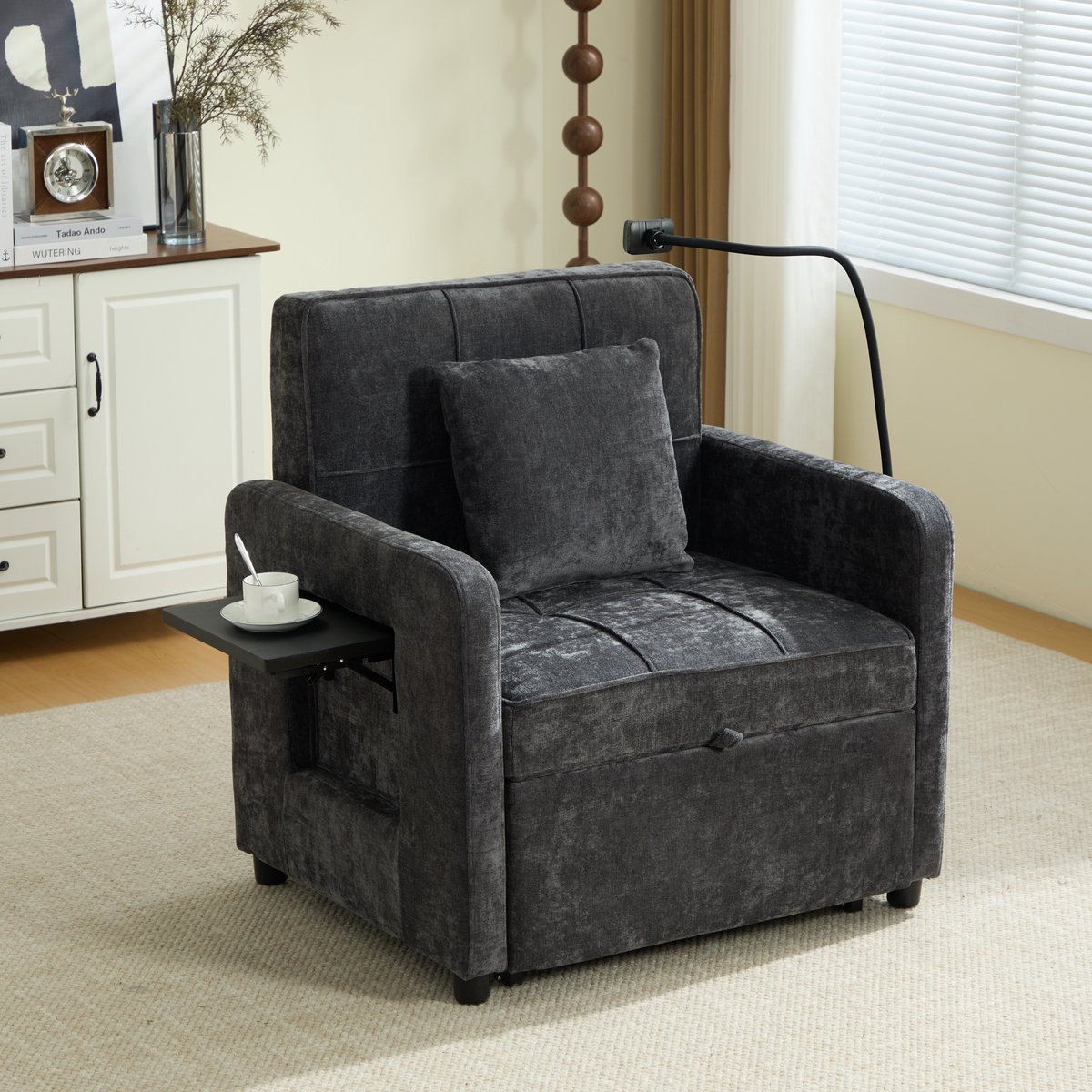 OKWISH Slaapfauteuil 167 X 79 X 83 Cm - 2 In 1 Verstelbaar Tot 180 Graden - Met Opbergvakken En Armleuningtafel - Chenille - Donkergrijs