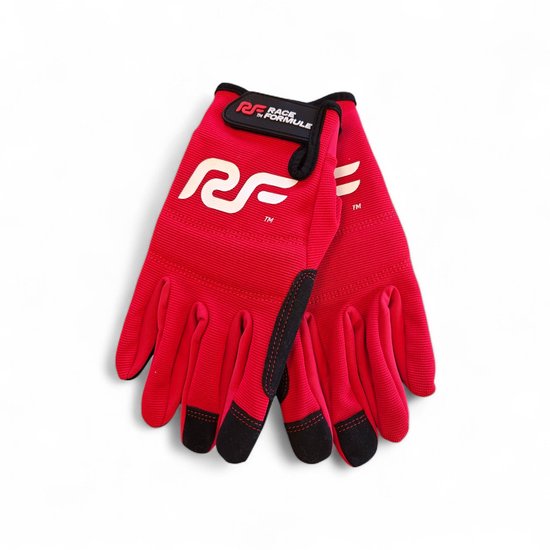 Rode racehandschoenen met zwarte details, het witte 'RF' logo en 'RACE IN FORMULE' logo op de pols.