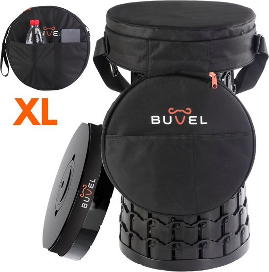 Buvel® Opvouwbare kruk XL - Rond zwart met kussen - Kruk - Krukje - Inklapbaar - Telescopisch - Visstoel - Bijzettafel - Voetensteun
