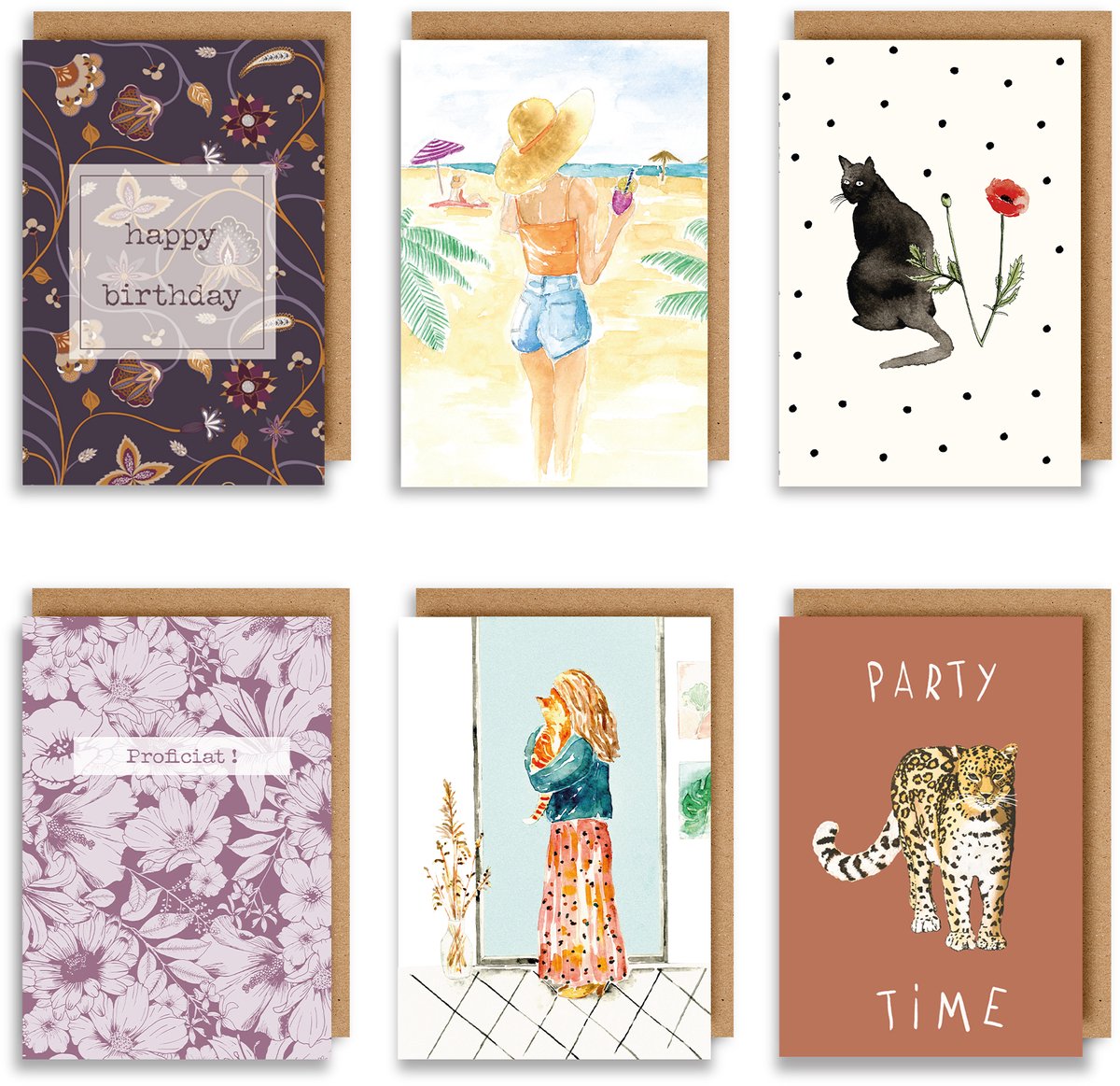 6 Luxe wenskaarten incl. gerecycleerde kraft envelop - Set van 6 - dubbele wenskaarten - gerecycleerde envelop – originele verjaardagskaarten - 11.5x17 cm - unieke illustraties
