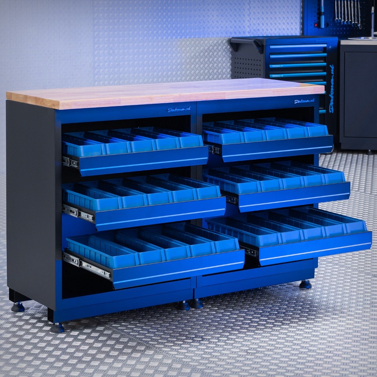 Datona® Werkbank PREMIUM eiken werkblad met opbergbakken – 136 cm - Zwart