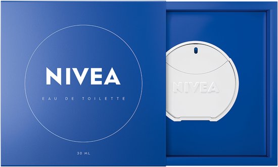 Blauw NIVEA Eau de Toilette geschenkdoos met een ronde witte parfumfles.