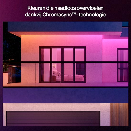 Witte gevel verlicht met levendige roze en oranje tinten, dankzij de LED-strip.