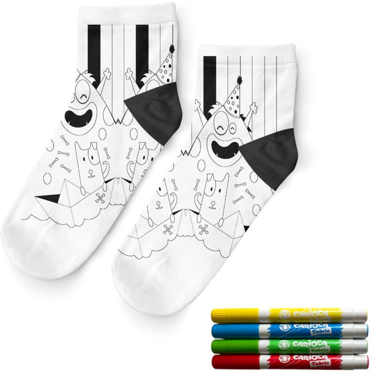Goby Kleur je Eigen Sokken Set – Feest Thema – Sokken – Enkelsokken – 4 Carioca Stoffenstiften