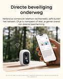 Witte beveiligingscamera met een hand die een smartphone vasthoudt met 'On-the-Go' app.