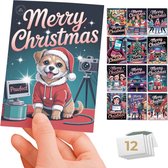 Inspra Studio – Luxe Kerstkaarten met Enveloppen – 12 Stuks – Jaren 2000 Wenskaarten Set 1+2 – Artistieke Illustraties met Nostalgische Retro Stijl