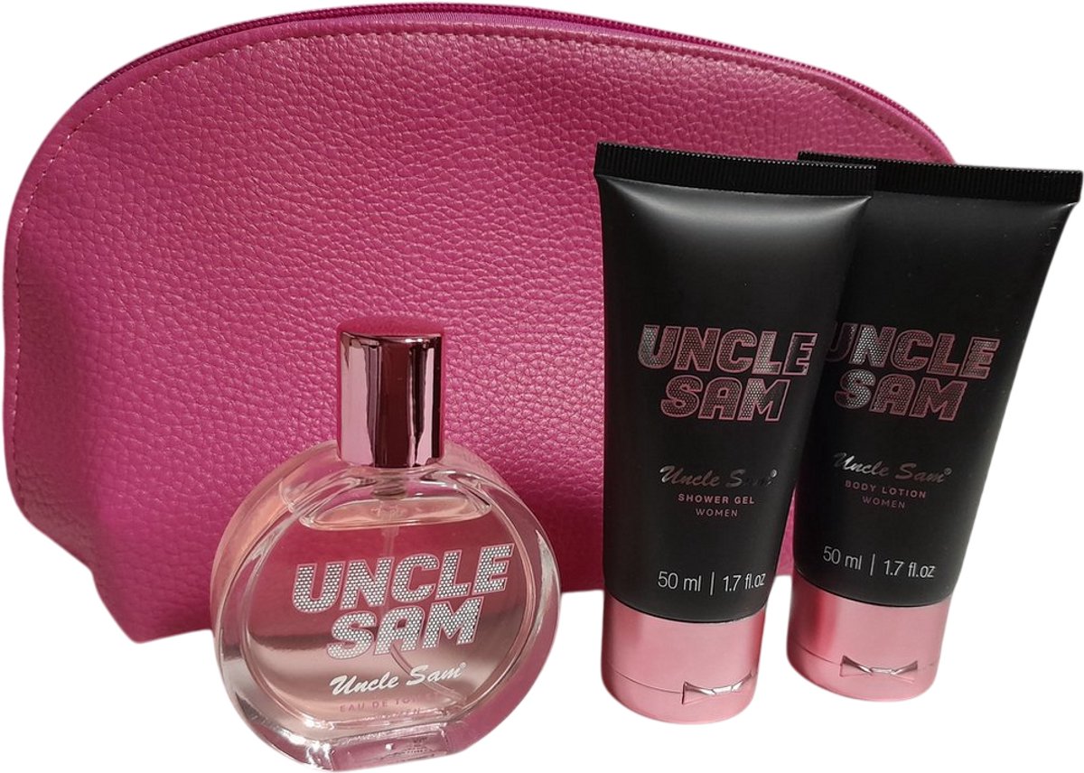 Uncle Sam GiftSet Parfum- Shower gel & Body Lotion - in leuke roze etui for Woman