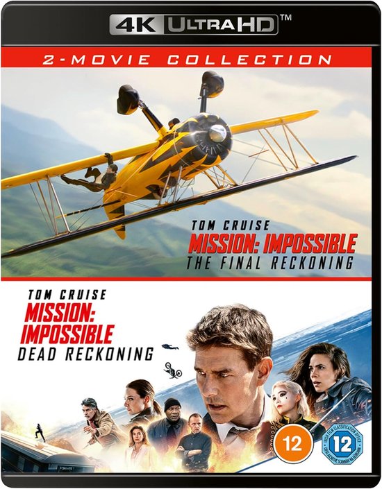 Omslag van de 2-filmcollectie Mission Impossible: Dead Reckoning & The Final Reckoning. Gele dubbeldekker met piloot en Tom Cruise met cast.