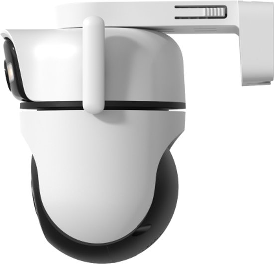 Zij-aanzicht van een witte en zwarte Tapo beveiligingscamera met dubbele lens, gemonteerd op een beugel.