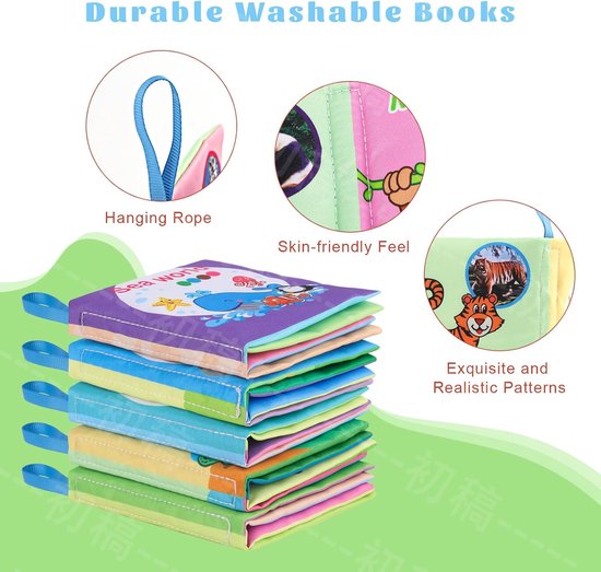 Set van 5 babybadboeken, geschikt voor jonge kinderen om de namen van dieren, fruit, groenten en vervoer te leren, kleurrijke patronen, niet-giftig, waterdicht, zachte stof, geschikt voor baby's en kleuterspeelgoed — afbeelding 5