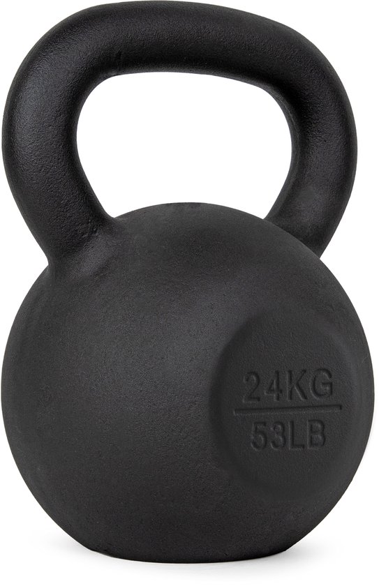 Zwarte gietijzeren kettlebell met '24KG 53LB' op de zijkant.