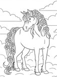 Kleurplaat van een eenhoorn met bloemen in de manen en staart, staand tussen de wolken.