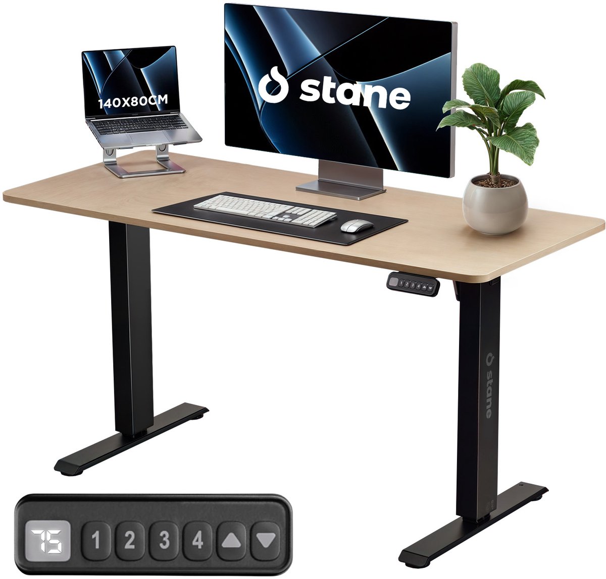 Stane Zit Sta Bureau Elektrisch Verstelbaar - 4 Geheugen Standen - Incl. Kabelgoot - 140 x 80 cm - Eiken