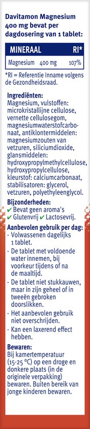 Detail van Davitamon Magnesium 400 mg met ingrediënten en gebruiksaanwijzing.