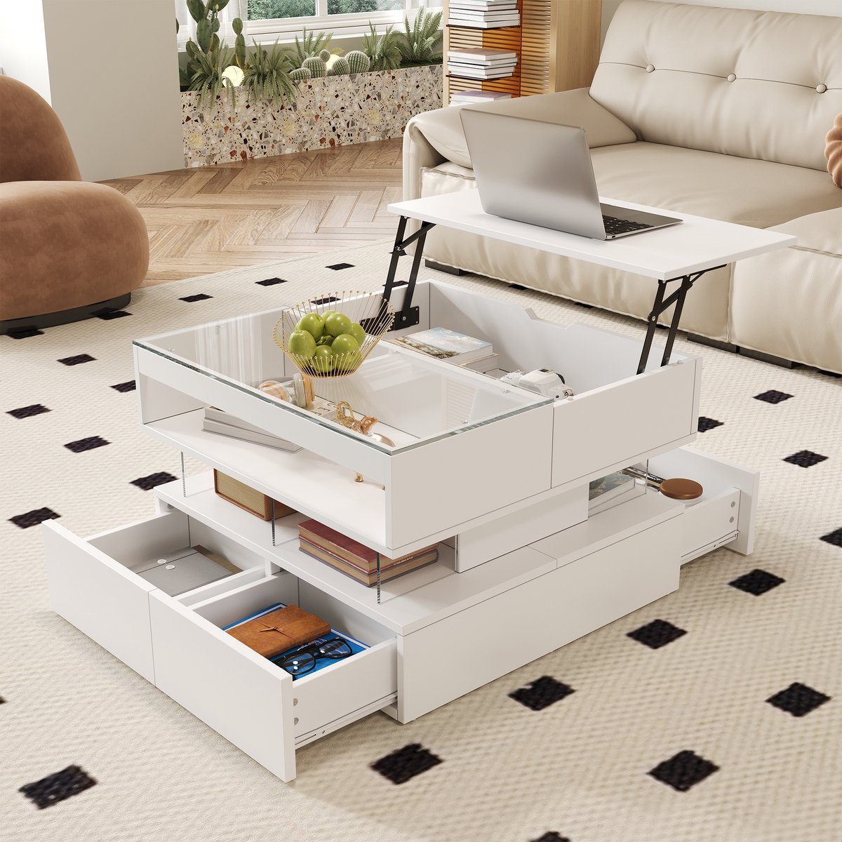 Sweiko Salontafel - In hoogte verstelbaar - LED-verlichting - Glazen tafelblad - Acryl onderstel - Wit