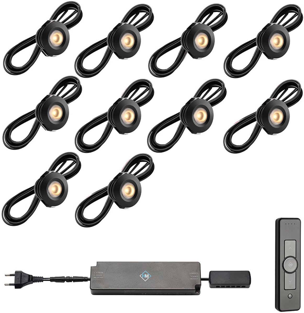 LED veranda inbouwspots Pals zwart ab inclusief trafo en afstandsbediening - 3W / dimbaar / inbouwspot / terrasoverkapping / overkapping / serre / carport / warm wit / rond / 230V / IP44 / set van 10 stuks