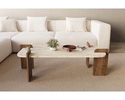 Salontafel Travertin Steenlook Beige – Rechthoekige Loungetafel Met Houten Poten – 60x120