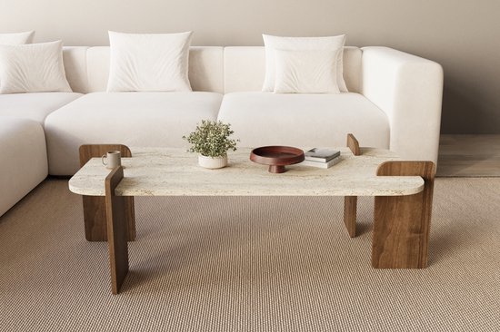Salontafel Travertin Steenlook Beige – Rechthoekige Loungetafel Met Houten Poten – 60x120
