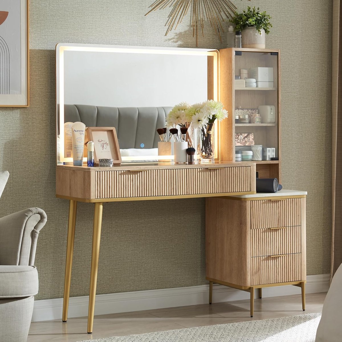 Elegante eiken kaptafel met LED-spiegel – 122 cm moderne kaptafel met 5 lades, glazen blad en verstelbare verlichting – Luxe make-uptafel voor slaapkamer en beautyhoek HomeByNicole