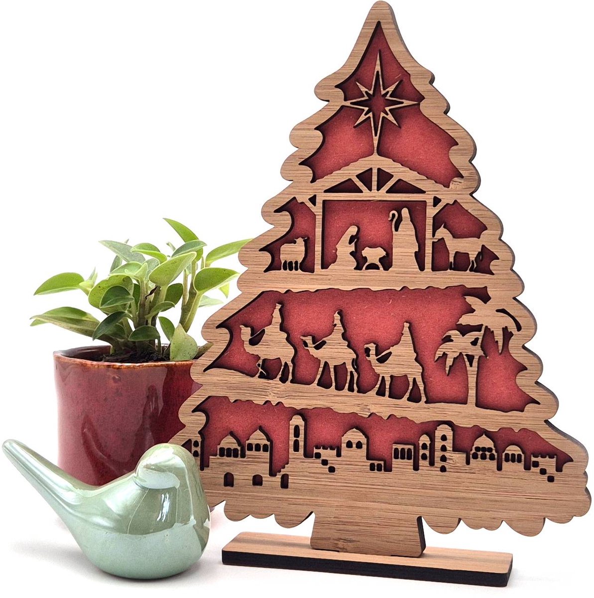 Houten kerstboom met kerstverhaal – groen of rood – Rode uitvoering