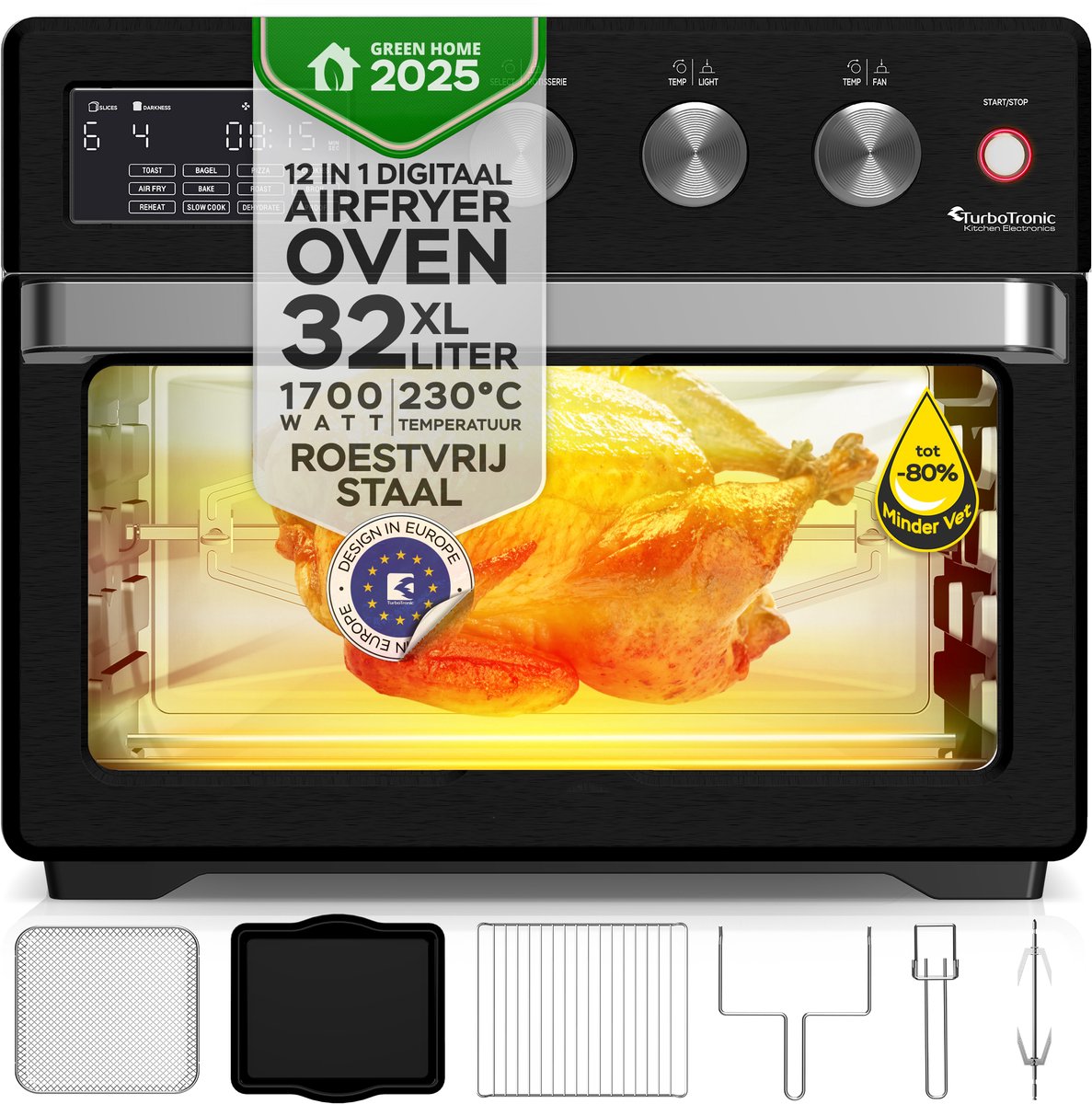 Bol.com TurboTronic AF32DRD Airfryer XXL en Mini Oven – 32 Liter – Vrijstaande Oven – 12 Kookprogramma’s – 25° tot 230°C – Zwart aanbieding