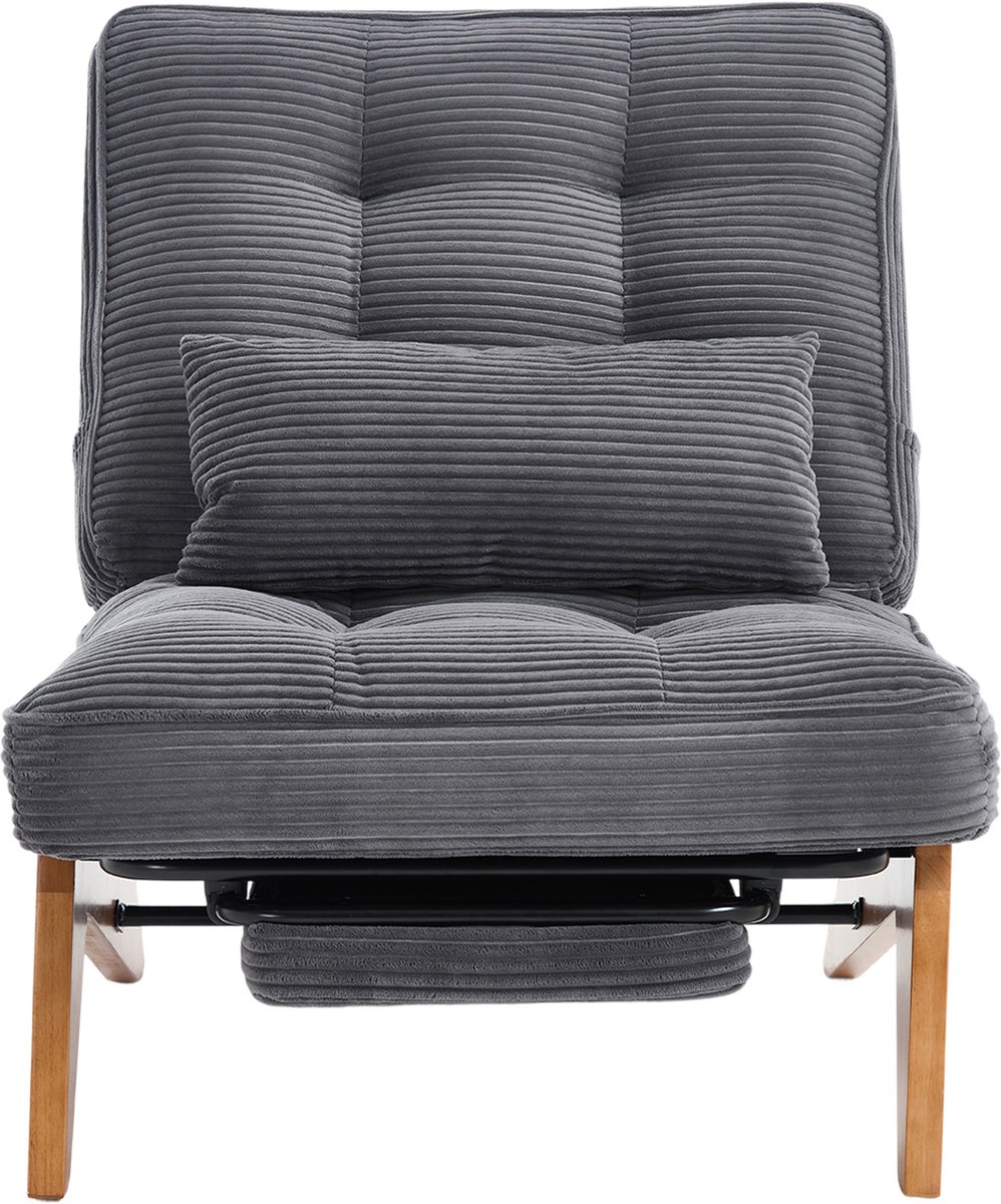 in& out door furniture Modern verstelbare, rugvrije loungestoel van stof met voetensteun, lendenkussen en houten poten voor woonkamer/slaapkamer/studiekamer- donkergrijs